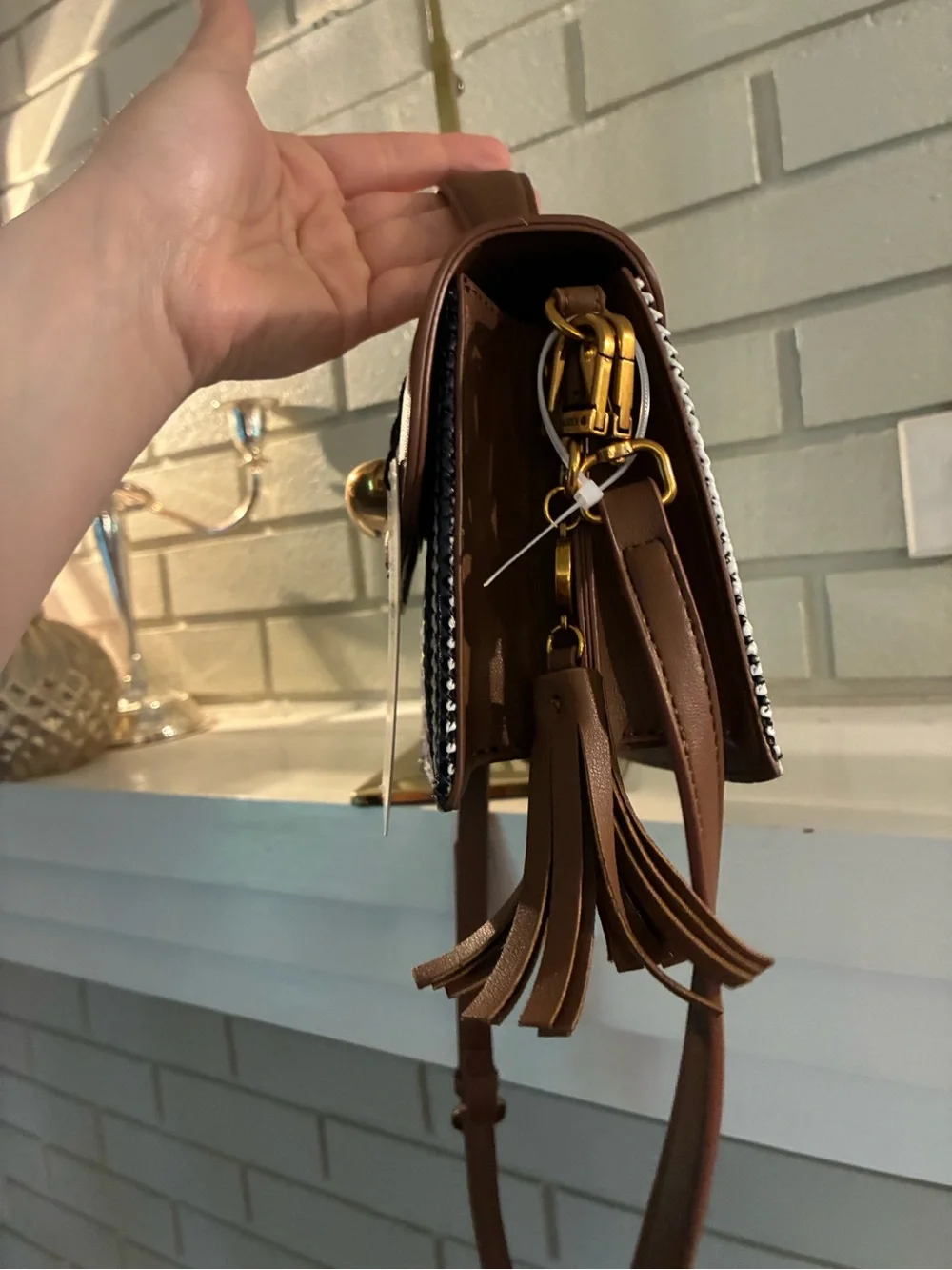 Steve Madden Brown and Navy Woven Style Top-Handle Satchel Crossbody with Tassel - Picture 9 of 16